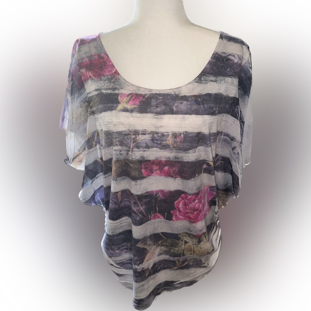 Espresso Floral Pink Grey White striped blouse size XL